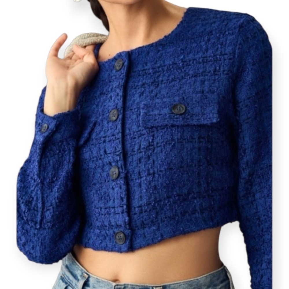 Maeve Anthropologie Tweed Cropped Jacket XL Cobalt Blue Button Front